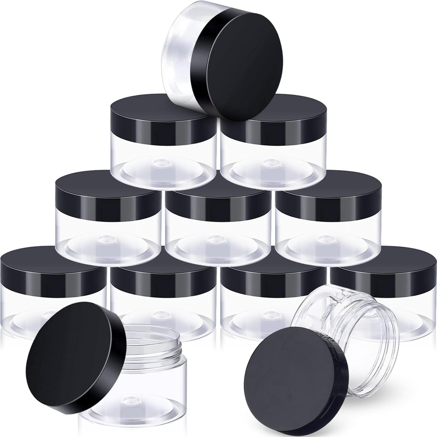 12 Pack 3 oz Plastic Container Jars with Lids Round Clear Travel Cosmetic Container Jars for Toiletries, Lotion, Cream, Ointments, Makeup, Rhinestone, Samples, Kitchen Storage (Black)
