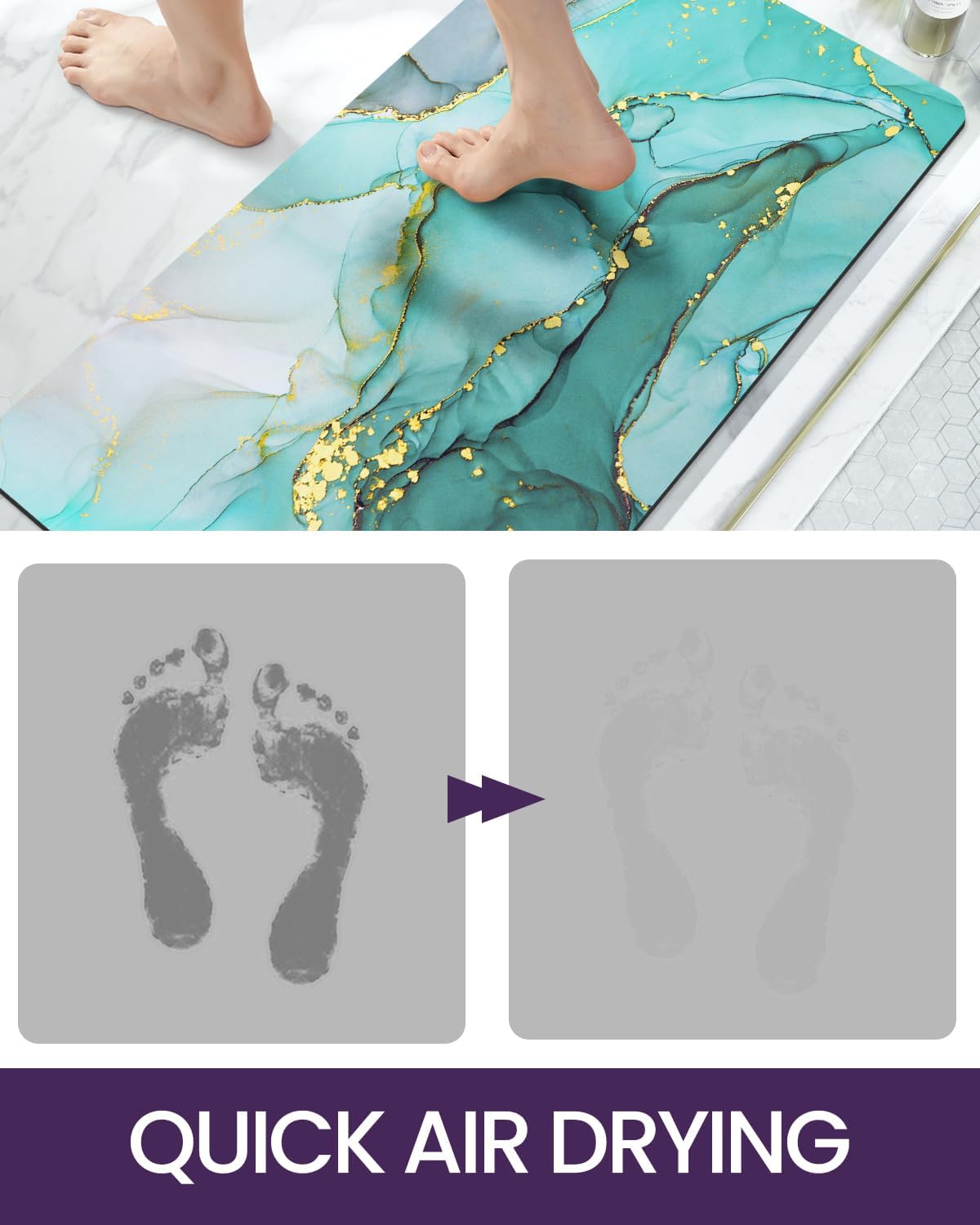 DEXI Bathroom Mat Ultra Thin, Non Slip Bath Rug for Shower Floor, Absorbent Quick Dry Marble Bathmats Low Profile, 17x32, Turquoise Green