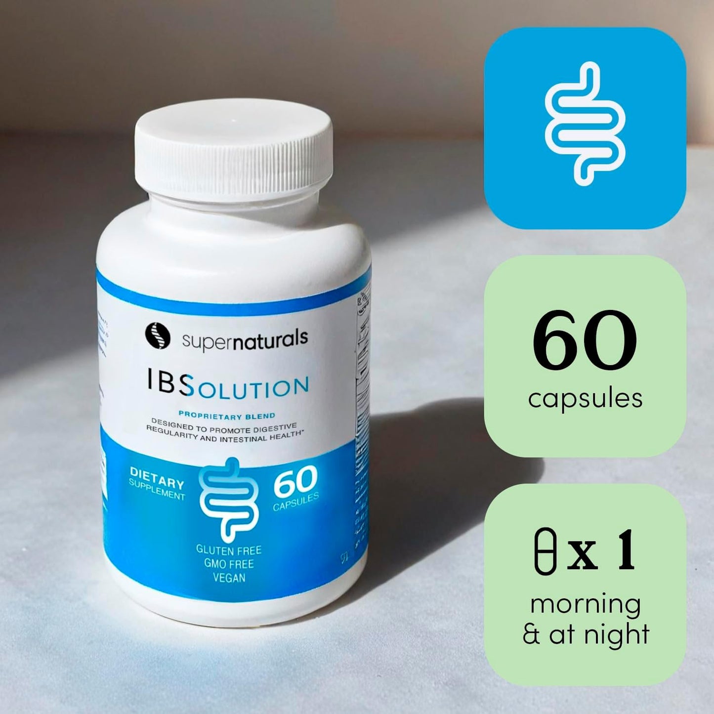 SuperNaturals IBSolution - Made in USA, Non-GMO, Gluten Free & Vegan (60 Capsules) - for Symptoms of IBS (Bloating, Constipation, Gas, Diarrhea, Abdominal Pain)