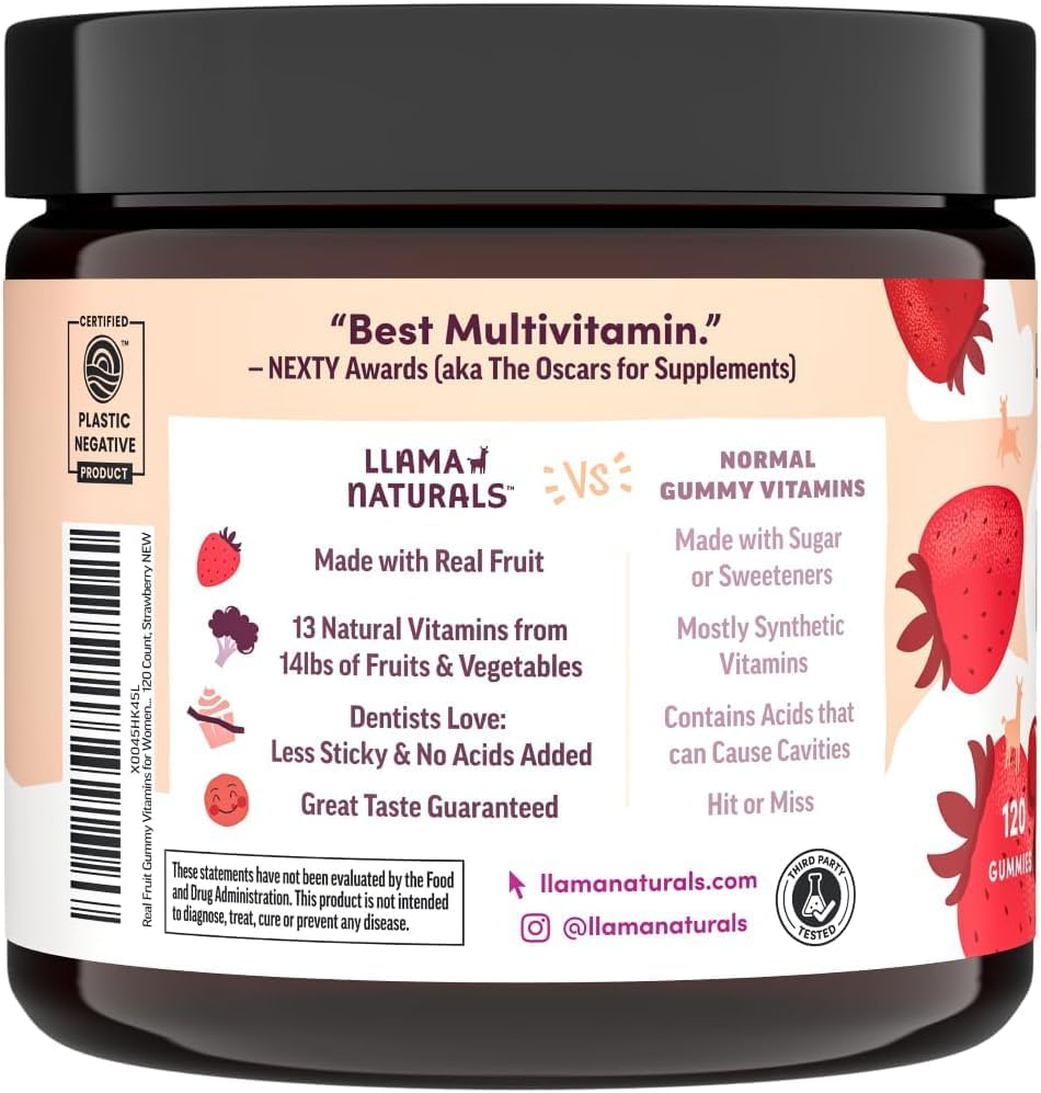 Llama Naturals Multivitamin for Women, Vegan, Organic Gummies with Vitamin D, C and K, Women's Real Fruit Gummy Vitamins, Chewable Multivitamin Supplement, No Added Sugar Cane, Strawberry, 120 Ct