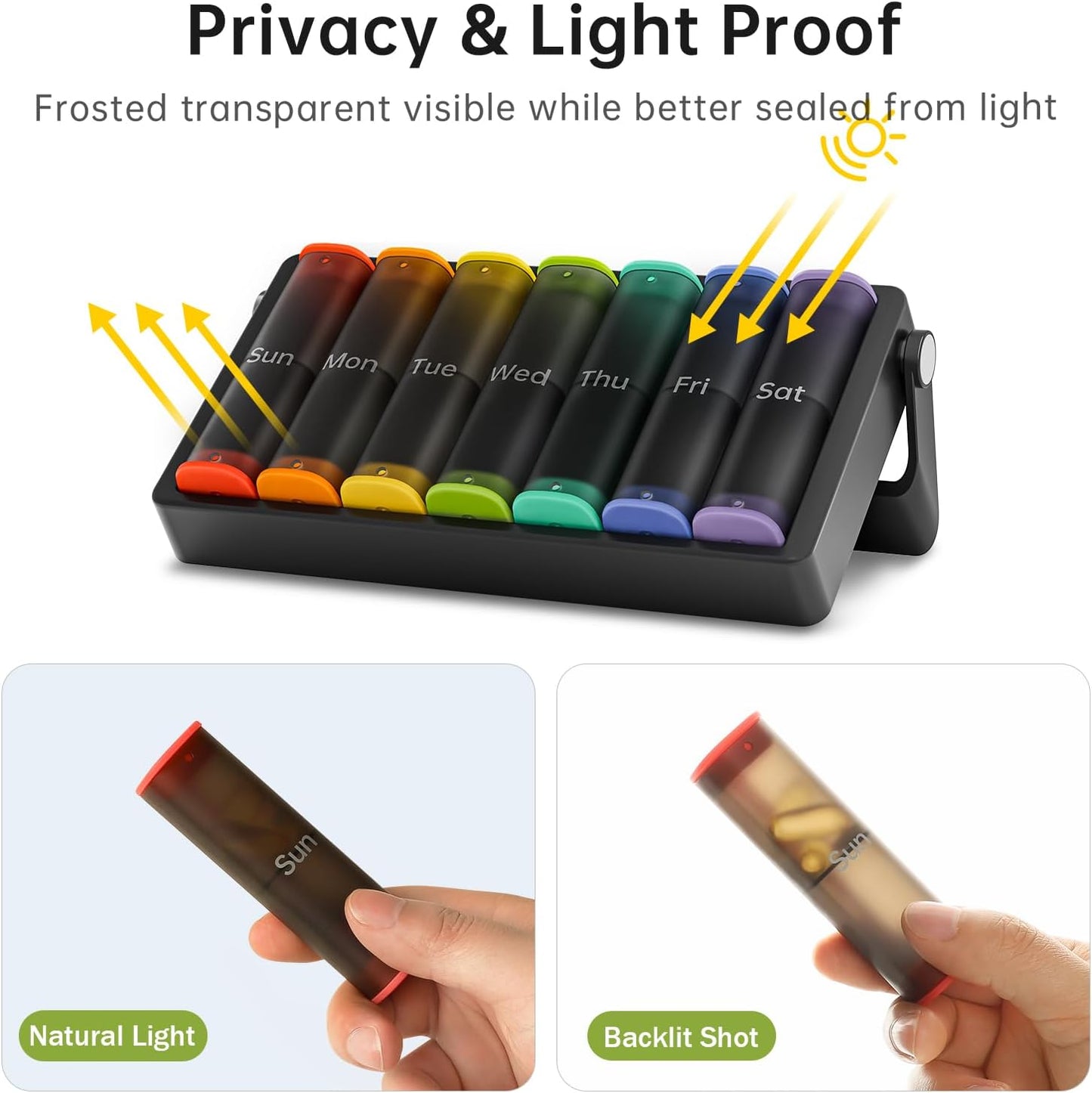 Weekly Pill Organizer 2 Times a Day, KOVIUU Large Travel Pill Box 7 Day, Am Pm Twice Daily Pill Case with Rotatable Handle, Pill Holder Container for Vitamin, Medicine, Supplement, Translucent-Black