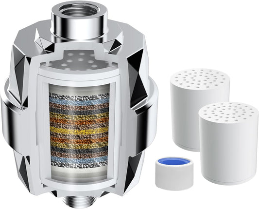 Hibbent Shower Filter for Hard Water, High Output Shower Head Filter to Remove Chlorine and Fluoride, 20 Stage Showerhead Filter, Shower Water Filter with 2 Replaceable Filter Cartridges, Chrome