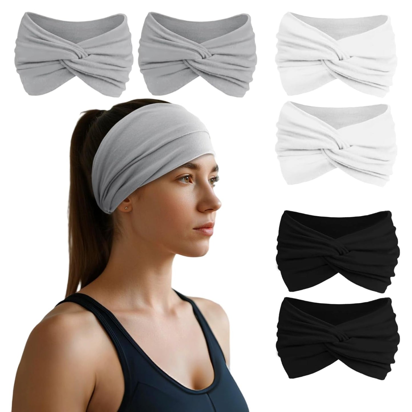 Headbands for Women, Non Silp Wide Hair Bands, Elastic Thick Head Bands, Stretchy Soft Sports Sweat Bands for Spa Workout Running Gym, Cotton Cloth Hair Accessories 6Pcs, Two Black/White/Gray