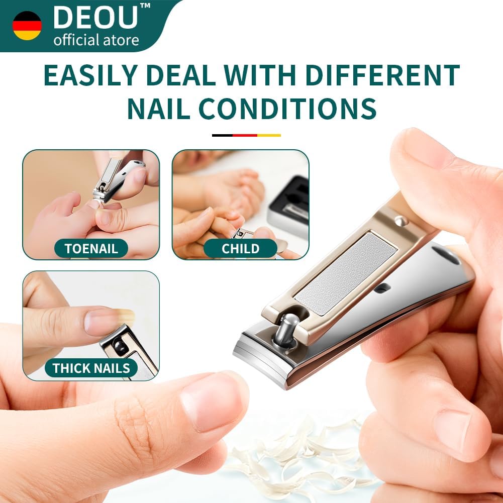 DEOU 3-in-1 Professional Nail Clipper Set - Stainless Steel Large/Medium Flat-Edge Clippers with Built-in Nail File, Champagne-Colored Nail Care Tools, Exquisitely Gift-Packaged for Home & Travel Use