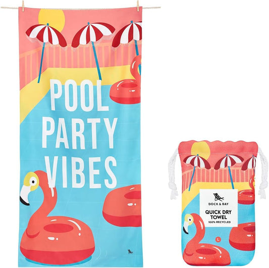 Dock & Bay Beach Towel - Quick Dry, Sand Free - Compact, Lightweight - 100% Recycled - Includes Bag - Pool Party Vibes - Large (160x90cm, 63x35)