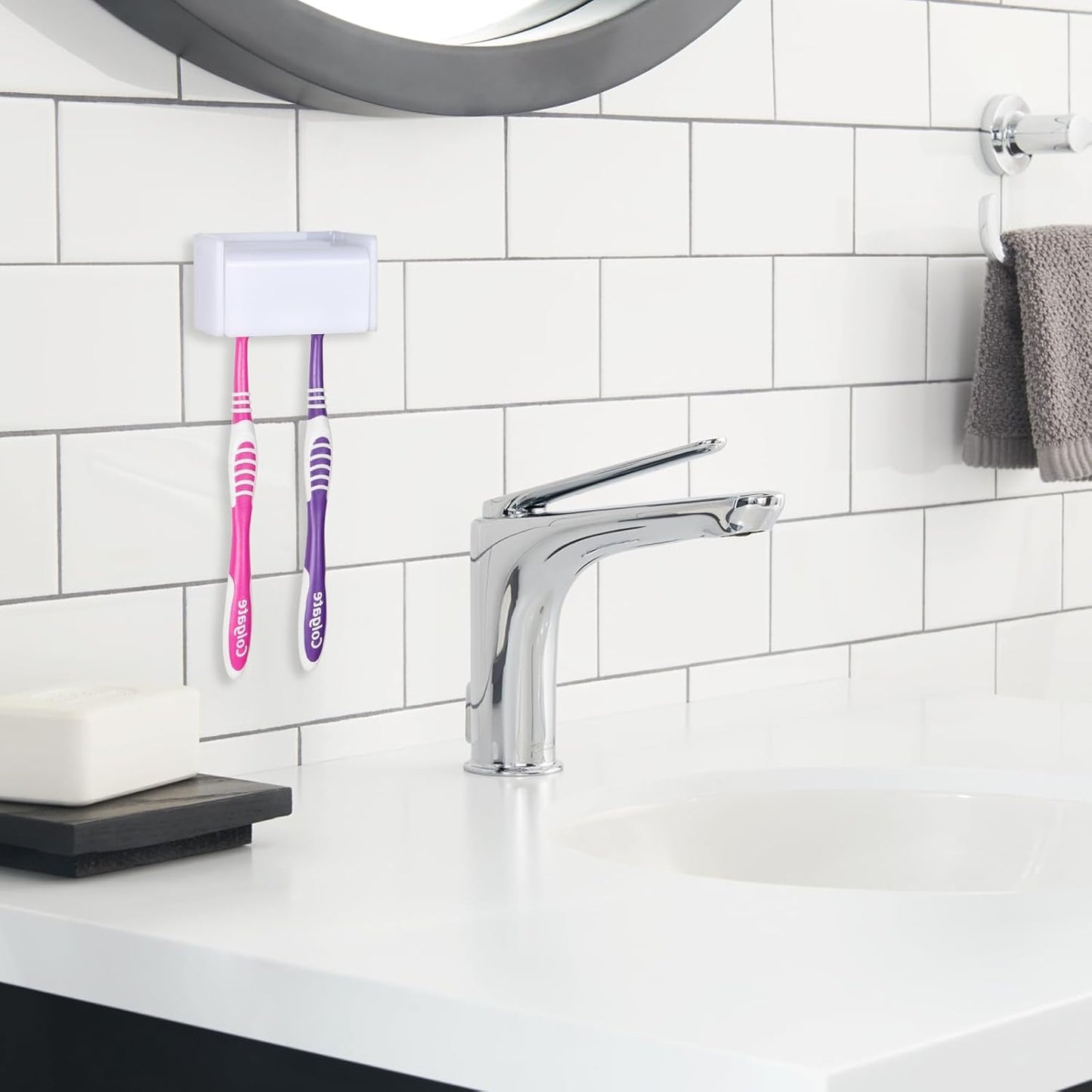 Toothbrush Holder Wall Mounted with Cover for Bathroom, 2 Slots Toothbrush Storage Organizer for Shower, Self Adhesive Toothbrush Hanger Rack for Dorm, Cabinet (White)