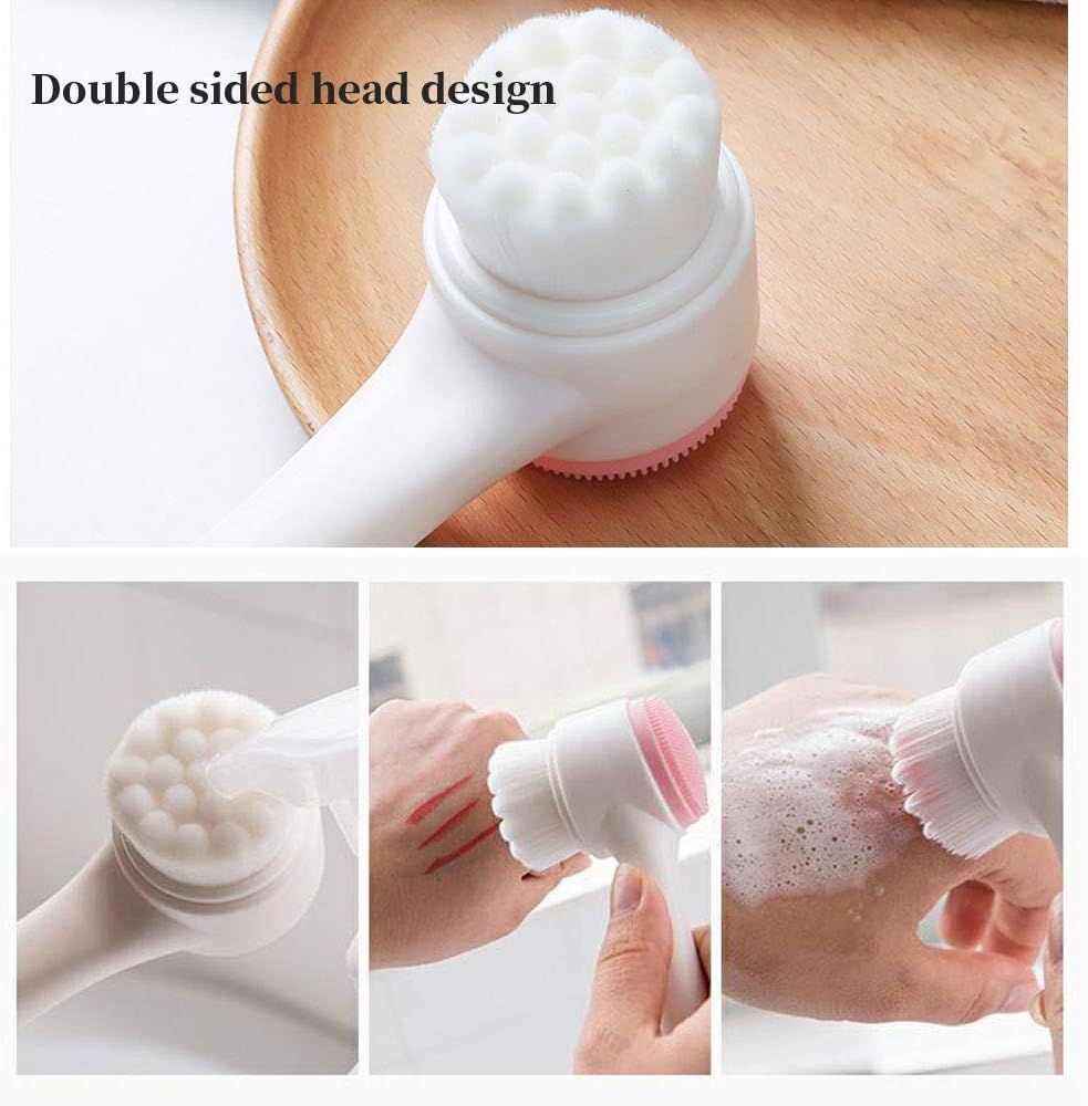 Double Sides Face Brush, 3D Stand Vertical Silicone Facial Wash Brush, 2 in 1 Facial Cleansing Brush Manual Dual-action Face Brush for Acne, Clogged Enlarged Pores Sensitive Delicate, Dry Skins (Blue)