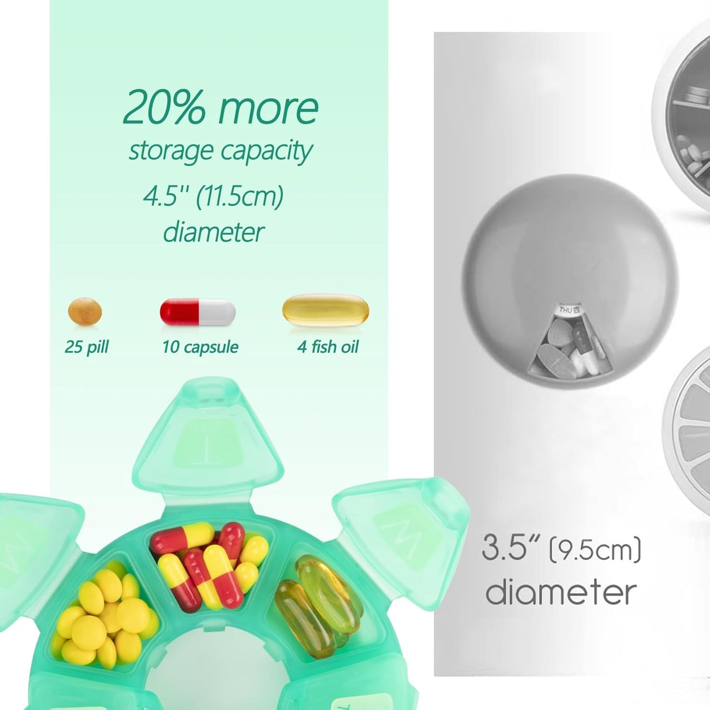 Round Weekly Pill Organizer, TPU Rubberized, Travel Pill Container 7 Day, with 7 Large Compartments, Great for Daily Vitamins & Supplements, Cute Pill Case with Large Letters and Braille (Blue)