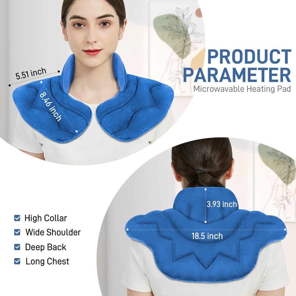 Microwavable Heating Pad for Neck and Shoulders, Weighted Microwave Moist Heated Wrap for Pain Relief Muscle Stress Tension, Heat Neck Wrap with Aromatherapy, Hot & Cold Compress, Blue
