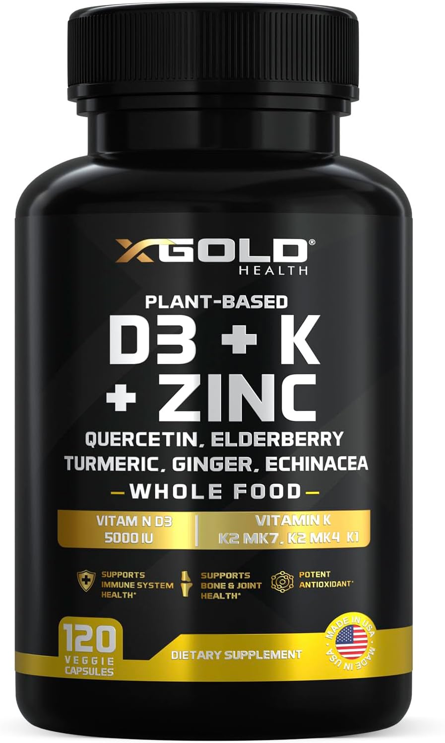 Vitamin D, K2, K1, Zinc, Quercetin, Elderberry, Turmeric, Ginger & Echinacea Whole Food Supplement 8 in 1- D3 5000 IU Plant-Based from Lichen, Vitamin K (K2 MK7, MK4, K1), D3 K2 Vitamins -120 Capsules
