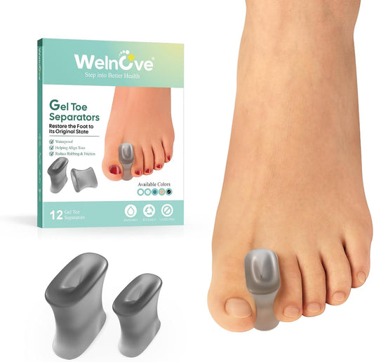 Welnove 12-Pack Gel Toe Separators – Bunion Pads – Toe Spacers for Straightening Overlapping Toes for Men and Women - Transparent Black
