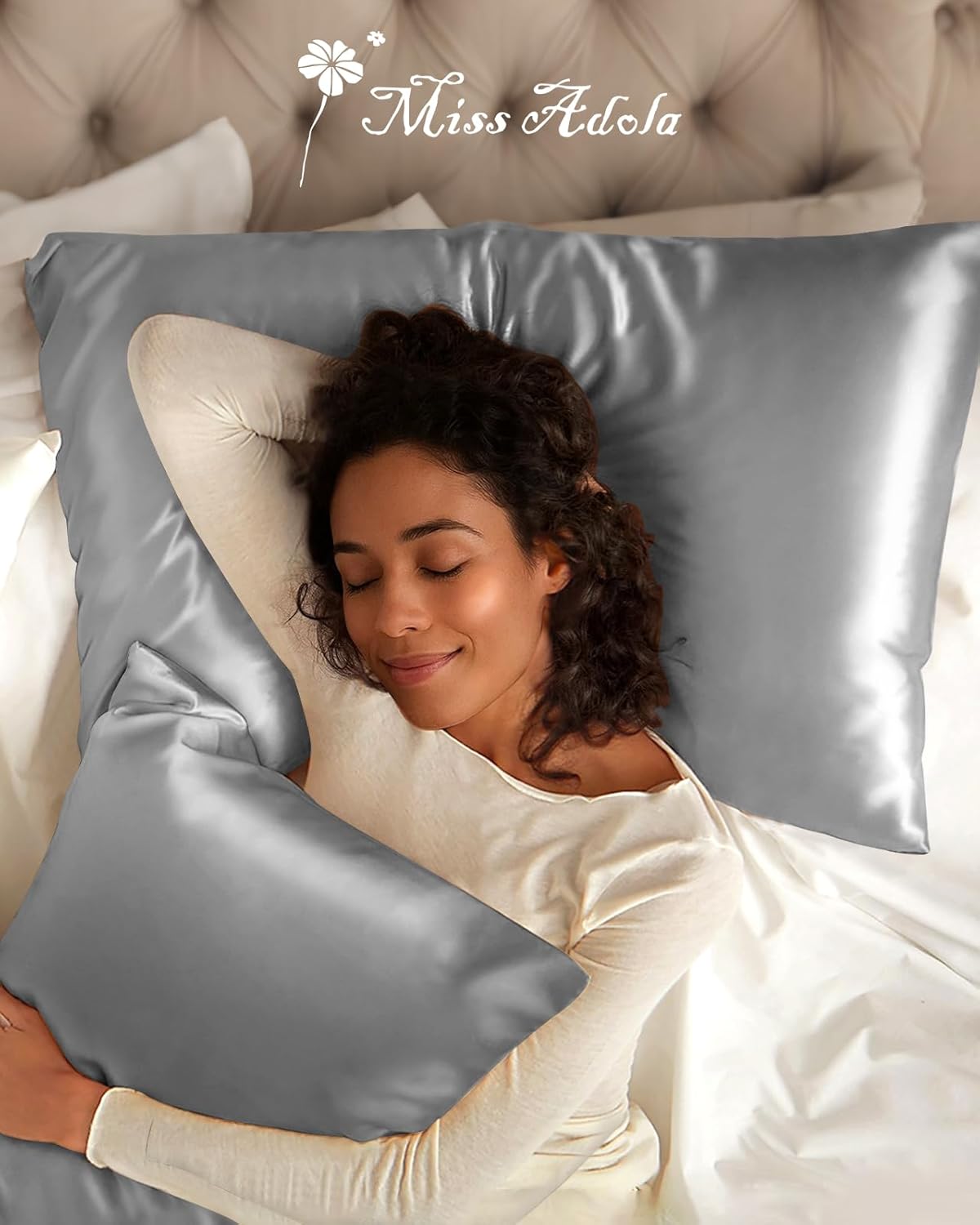 Silk Pillowcase 2 Pack - Pillow Cases Queen Set of 2 Size 20" x 30" for Hair and Skin Smooth Soft Breathable with Hidden Zipper Cooling Pillow Covers for Women, Light Grey