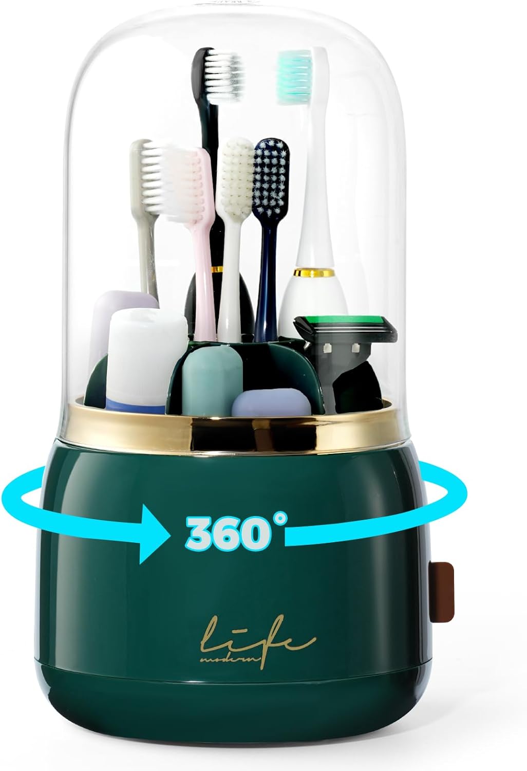 Toothbrush Holders for Bathrooms, Rotating 7 Slots Toothbrush Holder with Cover, Kids Electric Toothbrush and Toothpaste Holders for Caddy for Bathroom Vanity, Sink, Countertop, Dark Green