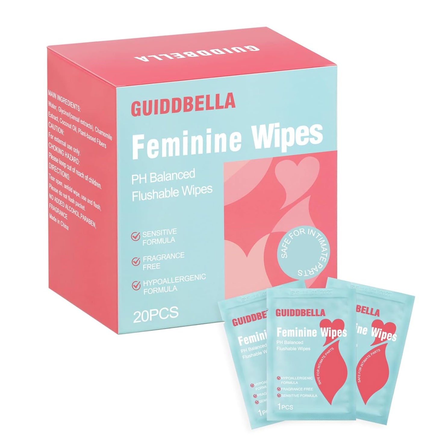 Feminine Wipes for Women - Individually Wrapped Flushable Wipes, PH-Balanced, Alcohol-Free, Unscented, Safe for Sensitive Skin (20 Count)