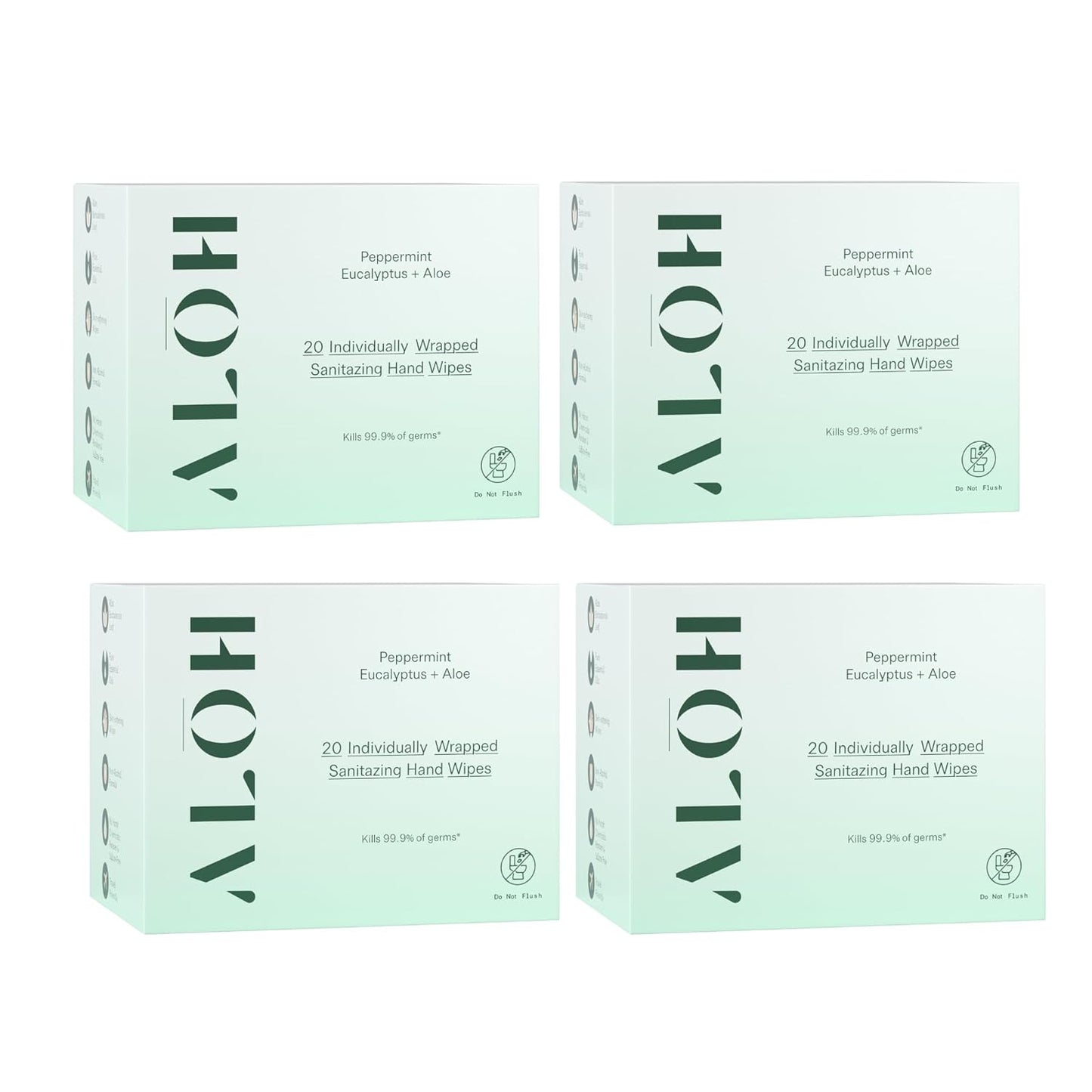 ALŌH Skin - Softening Sanitizing Hand Wipes - Peppermint Eucalyptus + Aloe (4 Boxes of 20 Individually Wrapped Wipes (80 wipes))