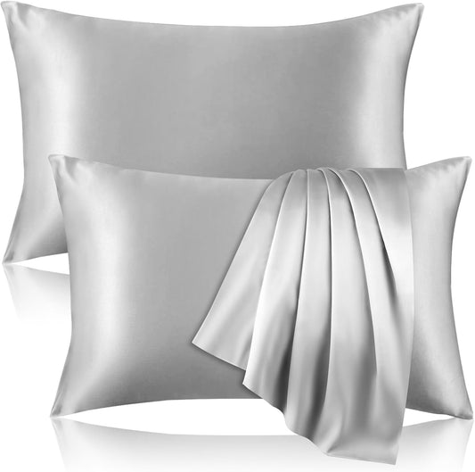 2 Pack 100% Pure Silk Pillowcase for Hair and Skin, Both Sides Mulberry Silk Pillowcases with Hidden Zipper, Cooling Pillowcase 19 Momme, 600 Thread Silk Pillow Cases Queen Size, Gray