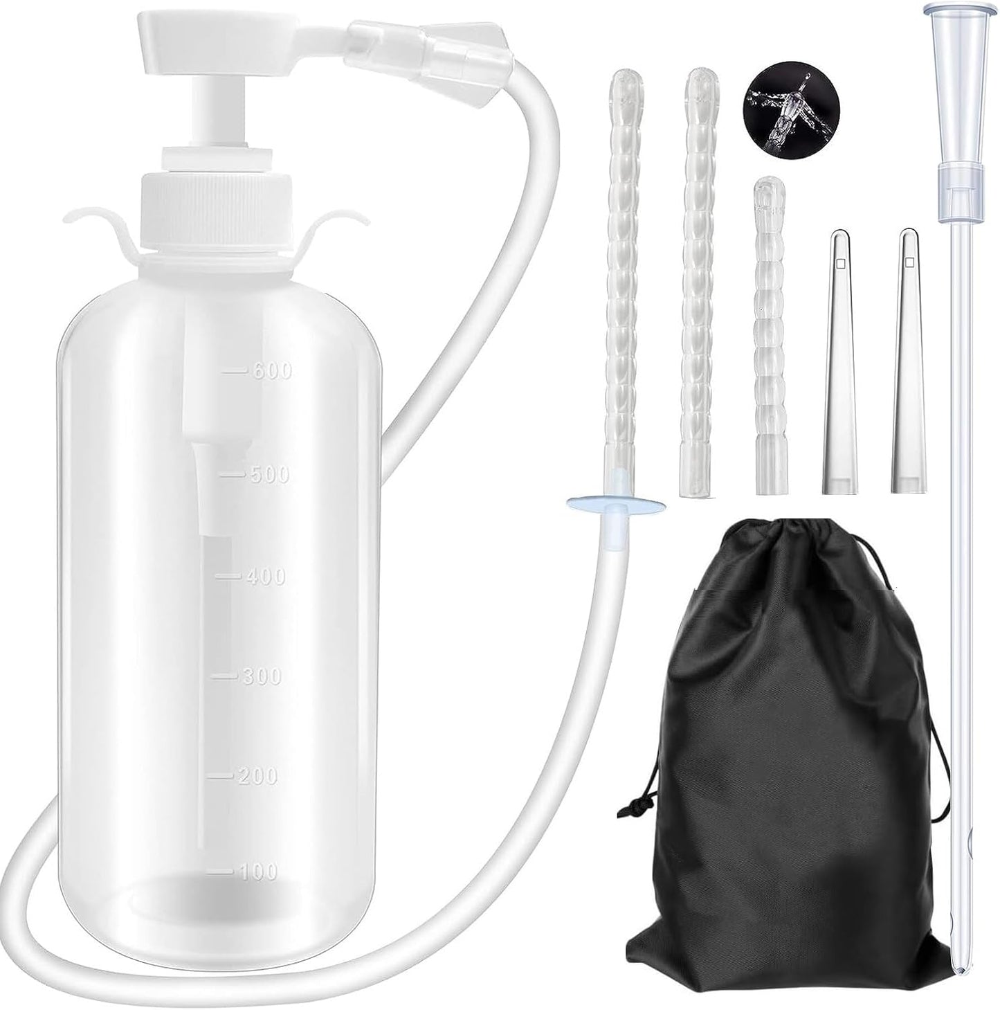 600ml Feminine Wash Enema Pump Bottle Kit 6Pcs Enema Nozzle Tips for Coffee Colon Cleansing Men Women, Anal Vaginal Douche Flush Spray Intimate Shower Irrigator Cleanser Enema Bucket Kit Hand Press