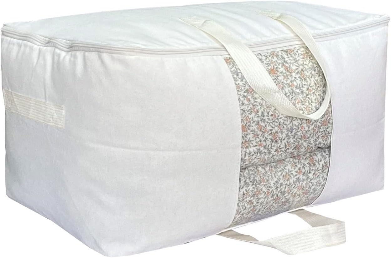 Soft Canvas Clothes Storage Bags with Four Carrying Handles and Clear Window, Closet Organizer for Clothing, Blankets Sheets Pillows and Bedding, 55L, White