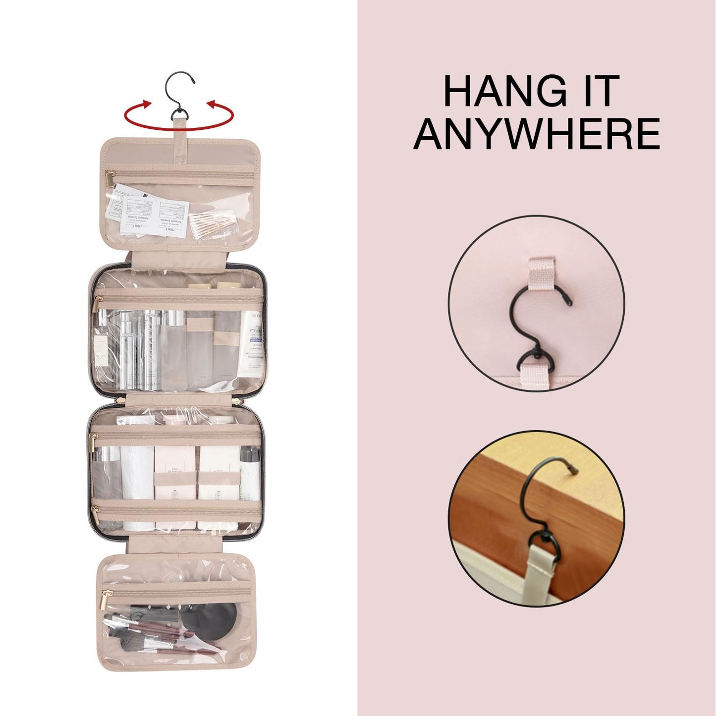 BAGSMART Toiletry Bag Travel Bag with Hanging Hook, Water-resistant Makeup Cosmetic Bag Travel Organizer for Accessories, Shampoo, Full Sized Container, Toiletries (Medium-Grey)