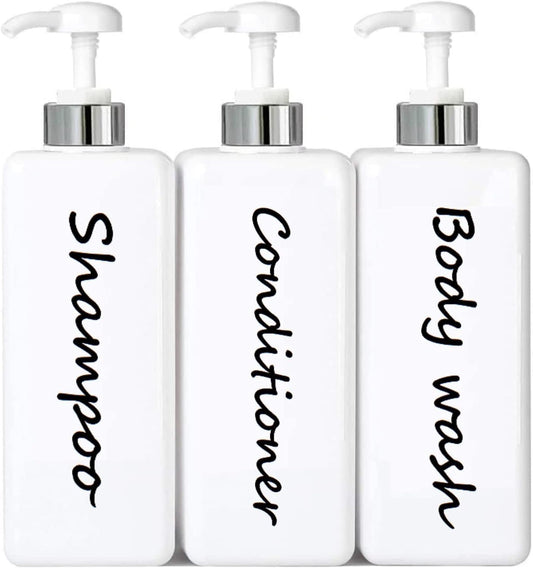 21oz Shampoo and Conditioner Dispenser (Set of 3) Modern Refillable Shampoo Pump Bottles for Shower Soap - Empty Shampoo Conditioner Body Wash Dispenser Set - Stylish Permanent Labels - for Bathroom