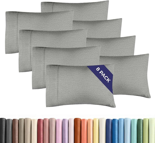 Standard Pillow Cases Set of 8 - Ultra Soft Hotel Quality Pillowcase Covers - Comfy & Wrinkle Free - Shrink, Stain & Fade Resistant - Machine Washable Pillow Protectors - 8 Piece Set - Heathered Grey