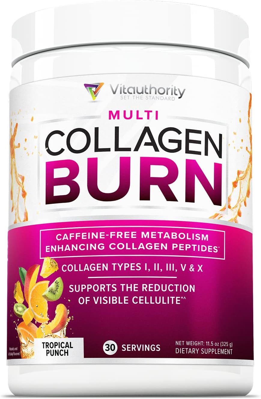 Hydrolyzed Collagen Peptides Powder for Women - Slimming MultiCollagen Burn Ultimate Beauty Complex with Hyaluronic Acid Vitamin C & Types I II III V and X for Women Tropical Punch 30 Servings