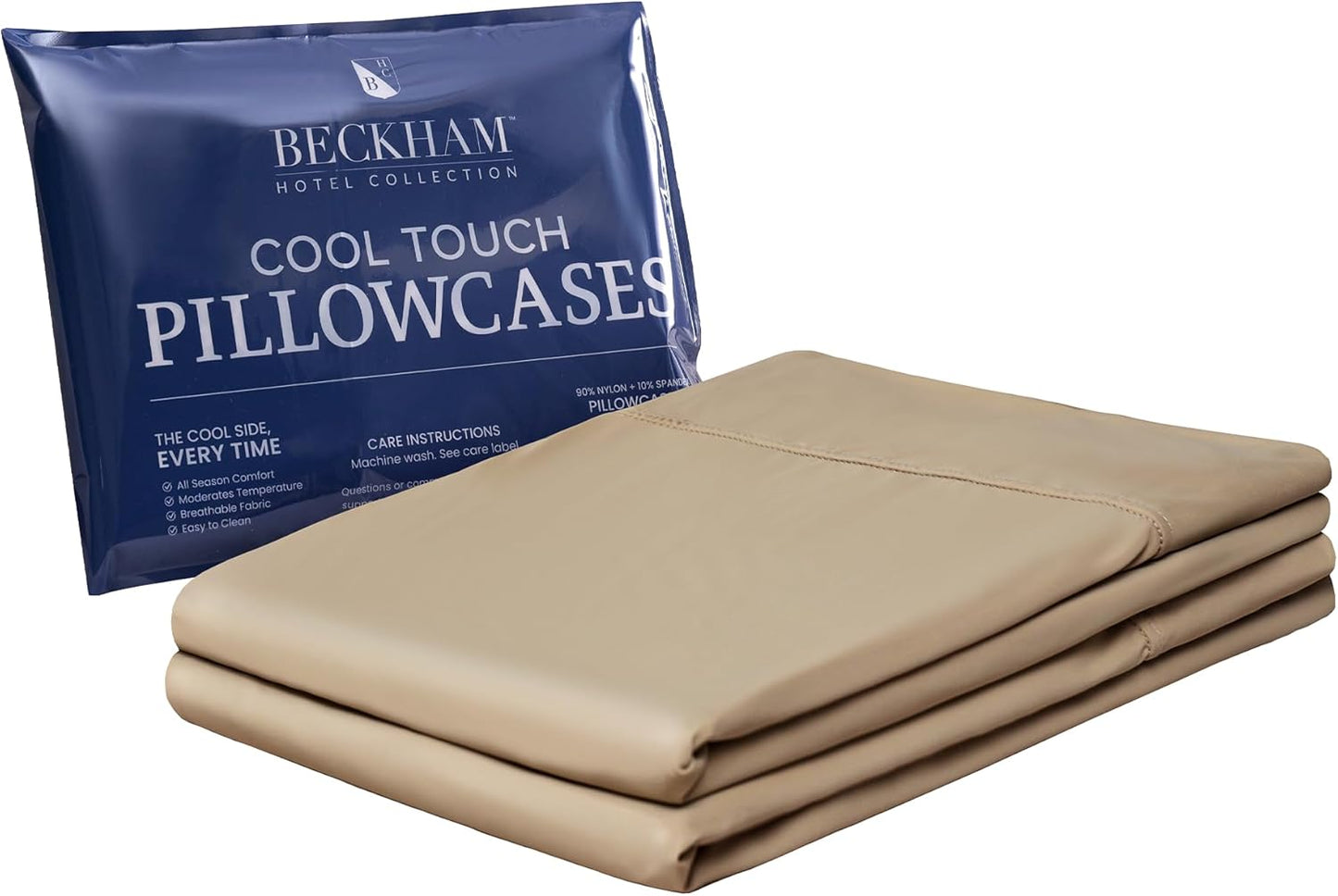 Beckham Hotel Collection Cooling Pillowcases for Hot Sleepers, King Size Set of 2, Cool Bedding, Envelop Closure, Silky Soft, Breathable, Moisture-Wicking, Sand