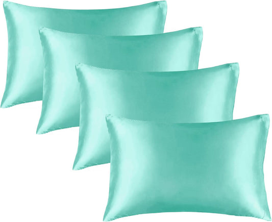 BEDELITE Satin Pillowcase for Hair and Skin, Super Soft Similar to Silk Pillow Cases 4 Pack with Envelope Closure, Cooling Pillowcases for Women Men (20"x26" Standard Size, Turquoise)