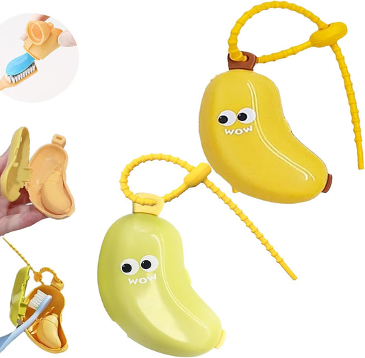2Pcs 2-in-1 Travel toothbrush holder-Toothbrush covers with Toothpaste case,Portable Reuse Organizer with Banana smile-cute toothbrush cap for Electric&Manual Toothbrush,Ideal for Home&Travel(2,YE&GN)