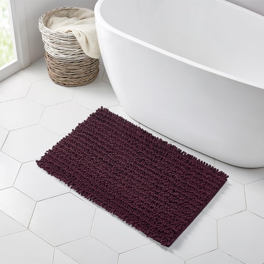 Walensee Bathroom Rug Non Slip Bath Mat (36x24 Inch Plum Purple) Water Absorbent Super Soft Shaggy Chenille Machine Washable Dry Extra Thick Large Plush Carpet for Shower Floor