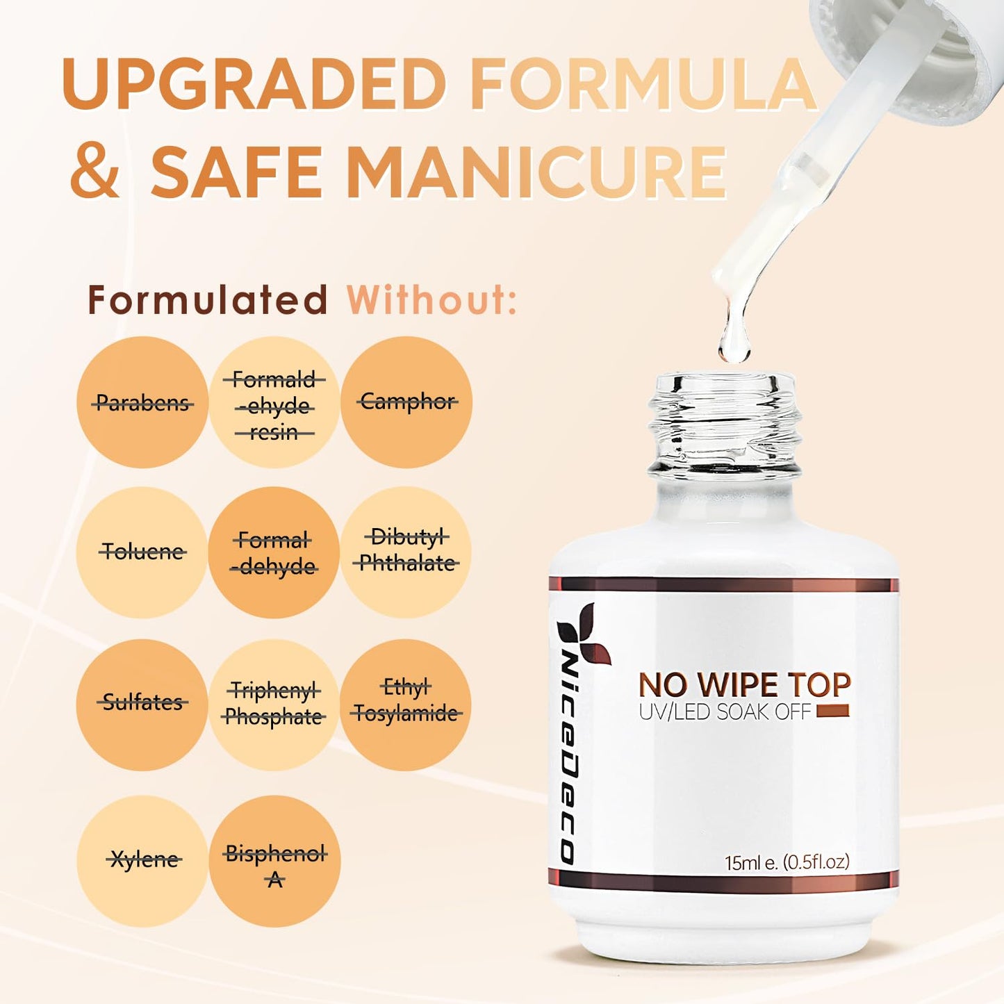 Nicedeco Hema Free Gel Nail Polish Top Coat Cruelty Free Vegan 15ml No Wipe Top Coat High Gloss Shiny Long Lasting Home DIY Professional Manicure