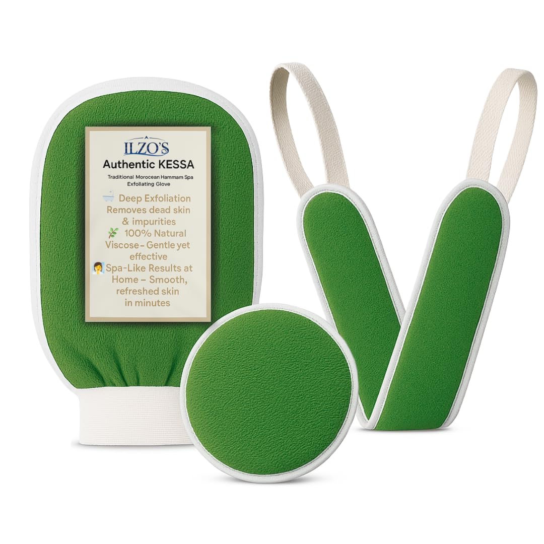 Original Moroccan Kessa Exfoliating Glove Set (ILZO’S) – 3-Piece Hammam Mitts for Face, Body & Back – Deep Skin Cleansing & Dead Skin Removal – Reusable Natural Exfoliator – Assorted Colors (GREEN)