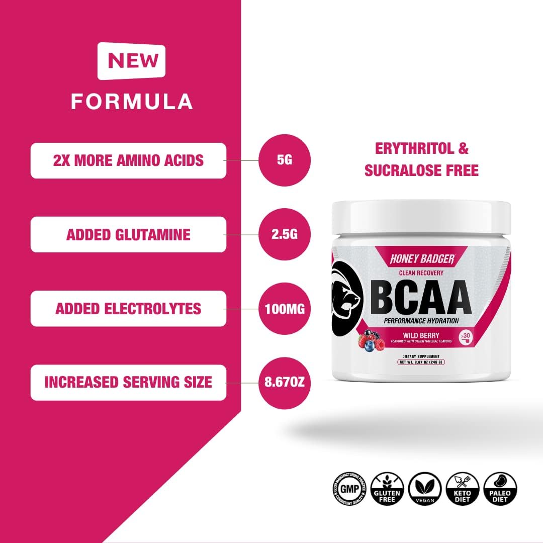 Honey Badger BCAA + EAA Amino Acids Powder, BCAAs + L-Glutamine, Keto, Vegan, Sugar Free for Men & Women, Hydration & Post Workout Muscle Recovery Drink Mix, Wild Berry, 30 Servings