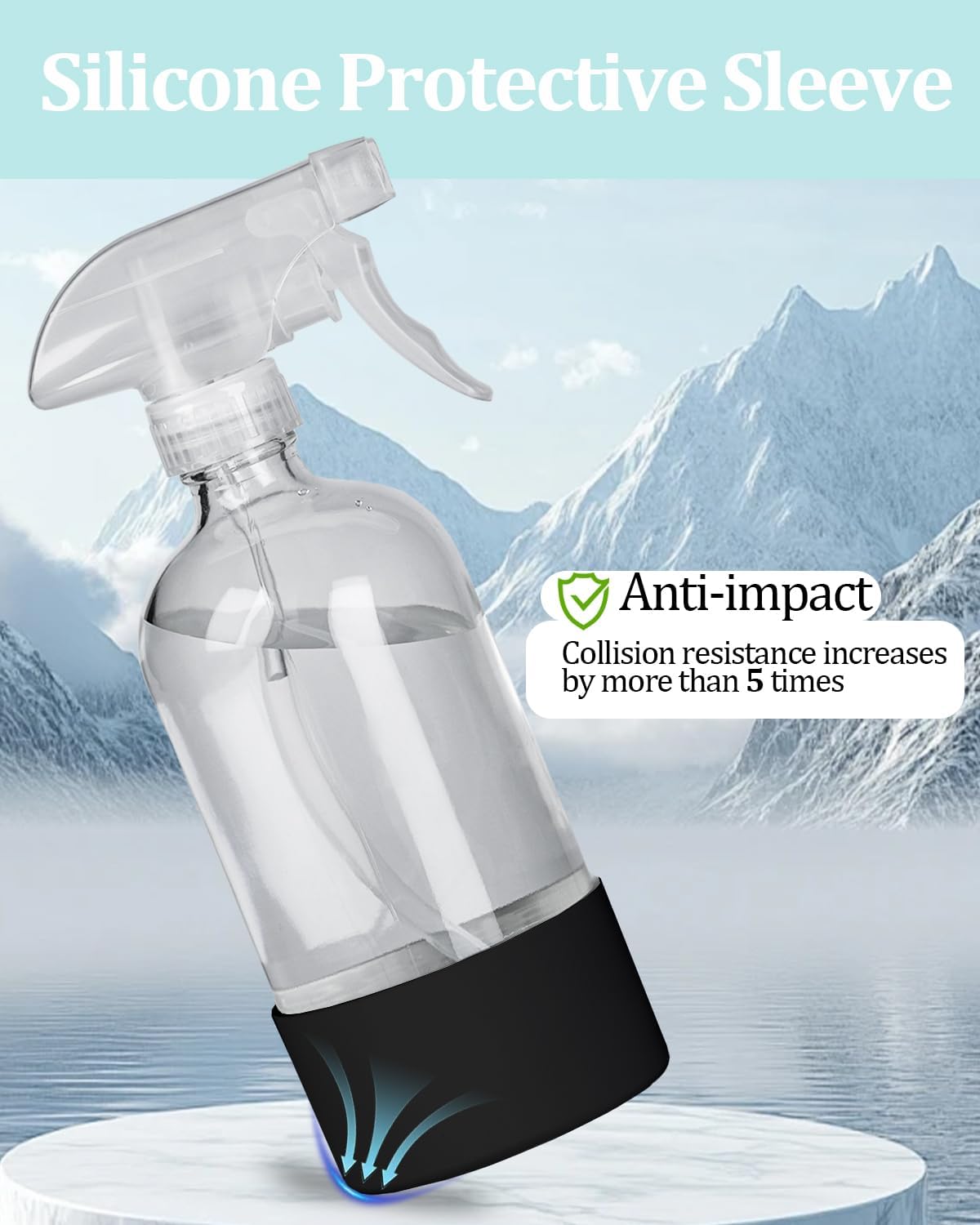 2 Pack 360° Glass Spray Bottles with Silicone Sleeve, 16 oz Empty Refillable Containers with Adjustable Spray Nozzles, Spray Bottles for Hair, Cleaning Solutions and Plants Black