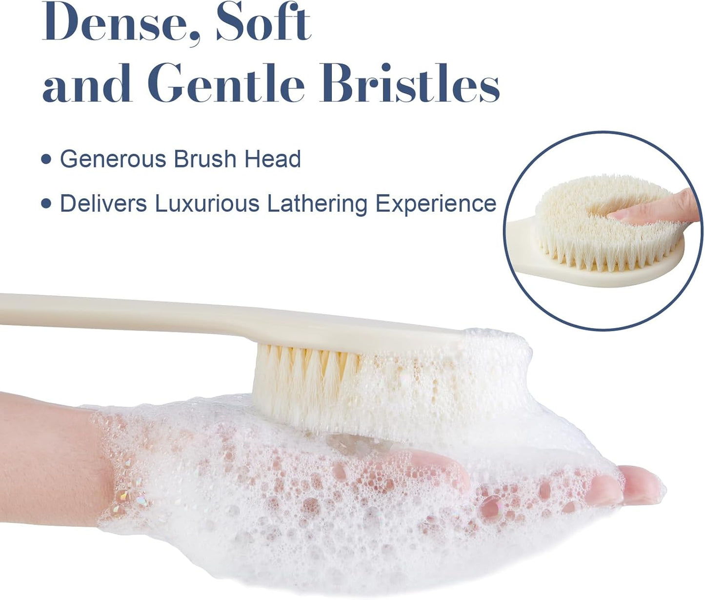 Back Scrubber for Shower, Shower Body Brush for Cleaning with Long Handle for Showering, 17 Inch Back Washer Exfoliator for Shower Men Women with Non-Slip Handle, Adhesive Hook (Cream White)