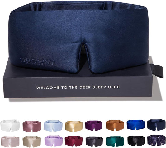 DROWSY Silk Sleep Mask - Face-Hugging, Padded Cocoon for Luxury Sleep in Total Darkness - 100% Pure Mulberry Silk, Skin-Hydrating & Adjustable (Midnight Blue)
