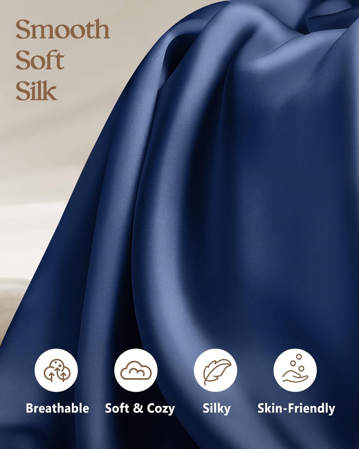 Silk Pillowcase 2 Pack - Pillow Cases Standard Set of 2 Size 20" x 26" for Hair and Skin Smooth Soft Breathable with Hidden Zipper Cooling Pillow Covers for Women, Navy Blue