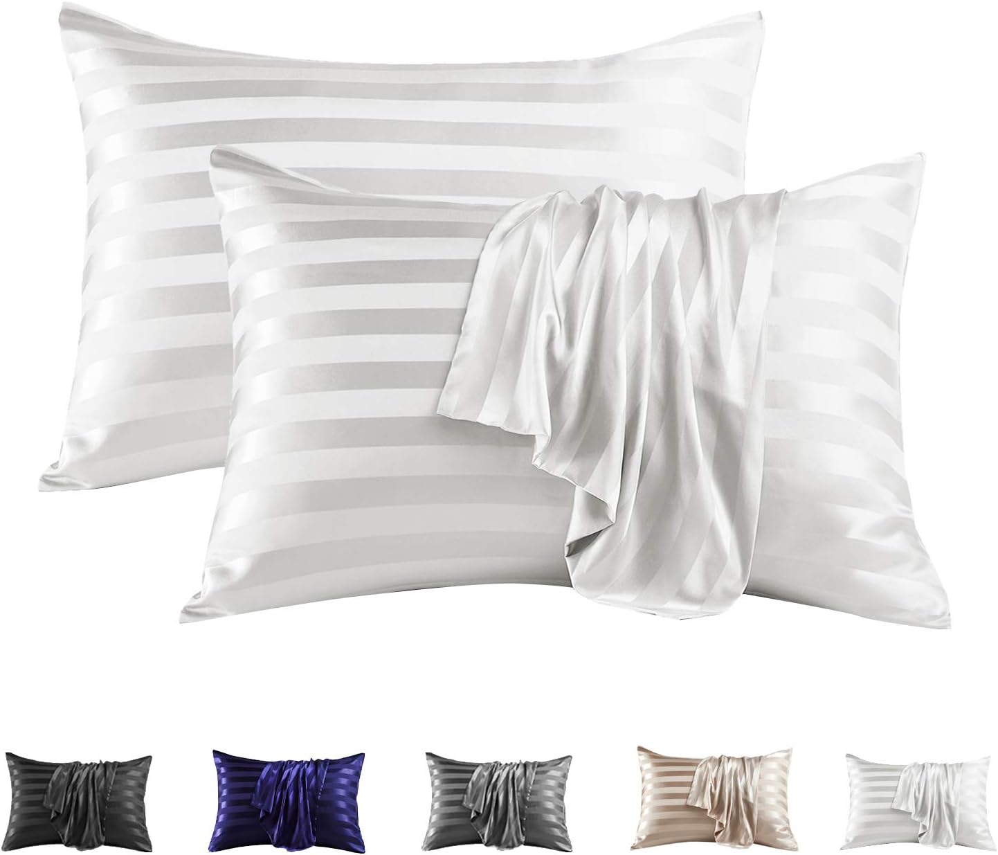 MR&HM Satin Pillowcase for Hair and Skin, Silk Satin Pillowcase 2 Pack, Standard Size Pillow Cases Set of 2, Silky Pillow Cover with Envelope Closure (20x26, Ivory Striped)