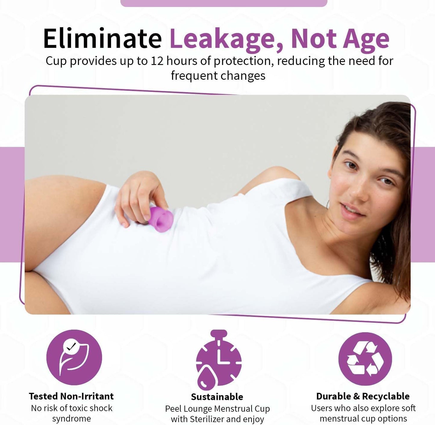 Angel's Peel Lounge Menstrual Cup for Women - 100% Medical-Grade Leak-Free Soft & Flexible Silicone Cup - 12 Hour Leak Protection Eco-Friendly & Reusable Period Cups for Women - Purple - Small