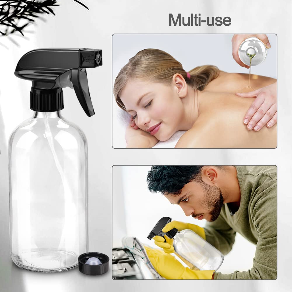 Glass Spray Bottles, 16oz Clear Glass Spray Bottles with Labels & Adjustable Nozzle, Reusable Containers for Cleaning, BBQ, Food, Plants, Alcohol, Essential Oils(3 Pack)