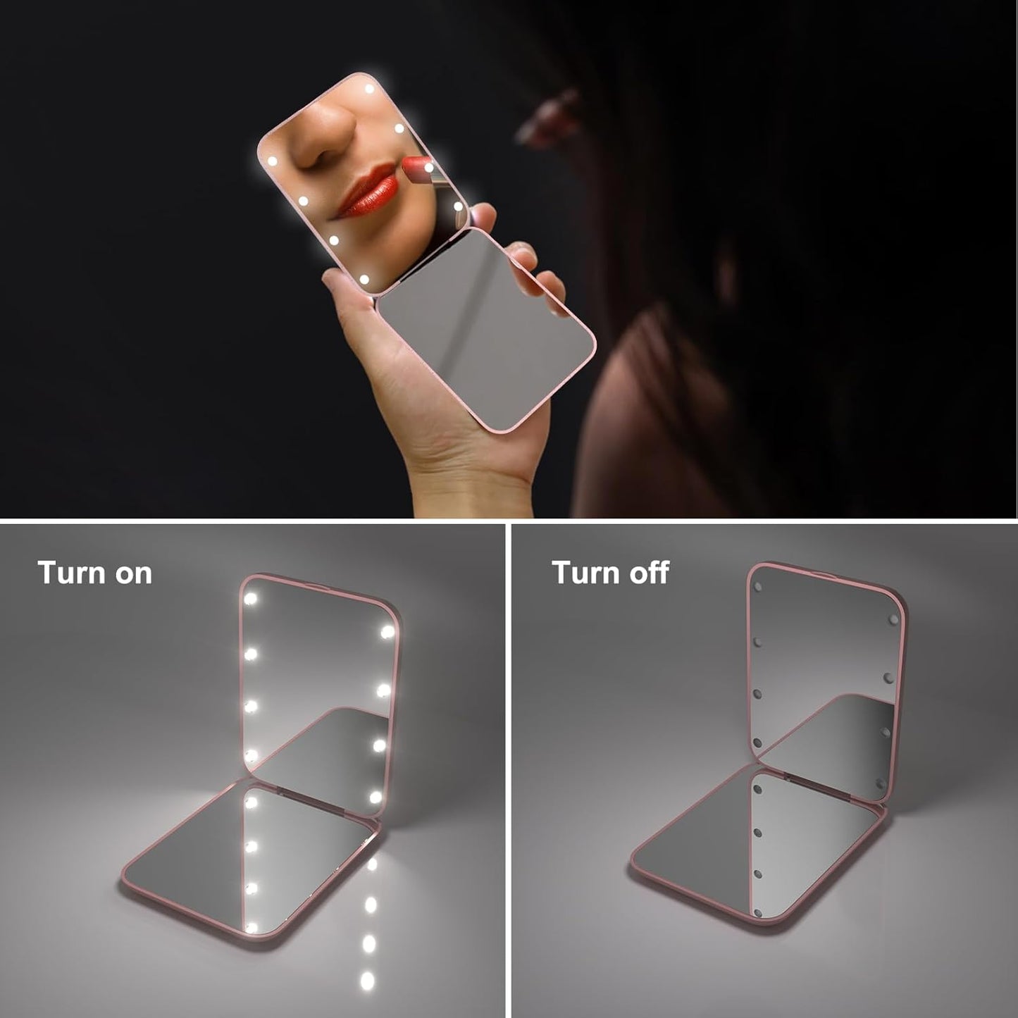 Kintion Rechargeable Pocket Mirror, Double Sided 1X/3X Magnification Compact Vanity Mirror, 3 Color Lights, Dimmable, Small and Portable Lighted Travel Mirror for Women Gifts, Wheat Straw Pink