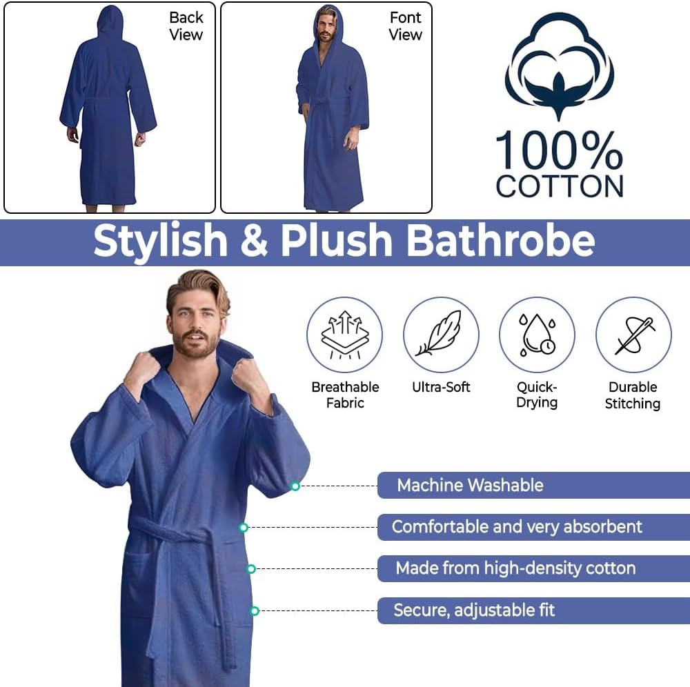 Men’s Hooded Bathrobe, 100% Cotton Terry Bathrobe, Spa Style Bath Robe, Absorbent Shower Robe, Lightweight Towel Bathrobes