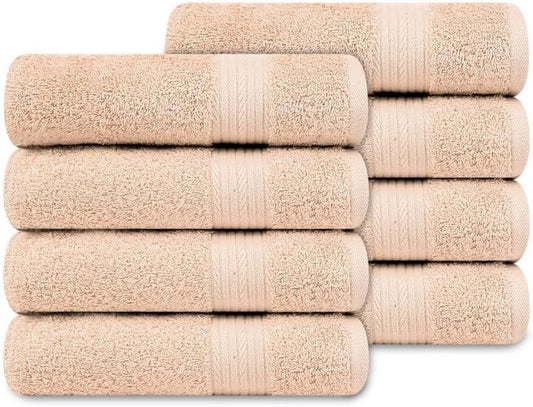 Ample Decor Hand Towel 18 X 28 Inch Pack of 8 600 GSM 100% Cotton,Oeko Tex Certified Soft Absorbent Thick Durable Premium Quality, for Hotel, Bathroom, Spa, Daily Use,Gym-Machine Washable-Beige