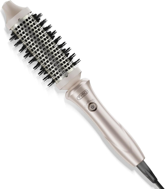 TYMO Thermal Brush Curling Brush - STYLUX 1.5 Inch Blowout Volumizer with Flexi-Fit for Hair Straightening, Heated Round Styler Tool, Hair Straightener and Curler 2 in 1, Dual Voltage, Gold