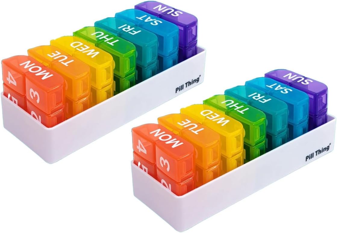 6 Times a Day, 7 Day Large Weekly Pill Organizer with Holder Tray, Vitamin, Medicine Box, Multicolor with Medical Alert Card (6X a Day - 2 Pack)