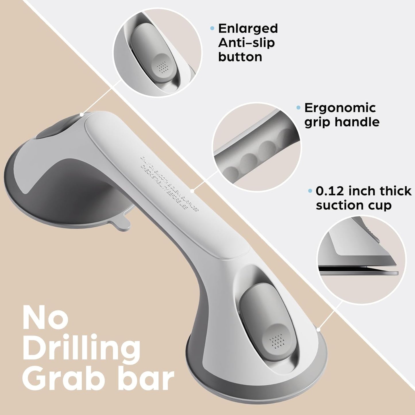 2 Pack 12 Inch Grab Bars for Bathtubs and Showers for Seniors, Heavy Duty Shower Handle for Elderly, Suction Cup Removable Handrails Handicap Bath Grip Bathroom Safety Grips (Gray