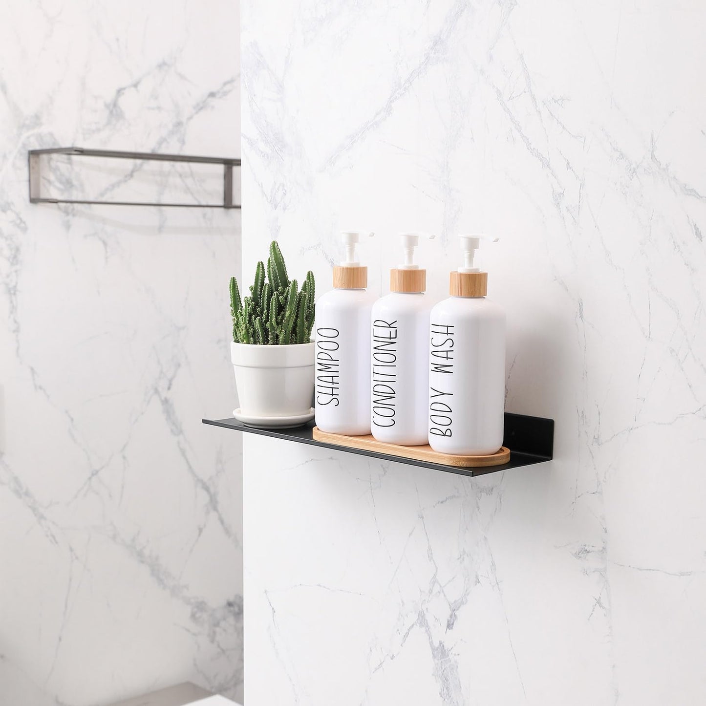 MOMEEMO White Shampoo and Conditioner Dispenser Set, Contains 3 Extra-Thick PET Plastic Bottles, Refillable Shampoo and Conditioner Bottles Perfect for Farmhouse Bathroom Decor. (White)