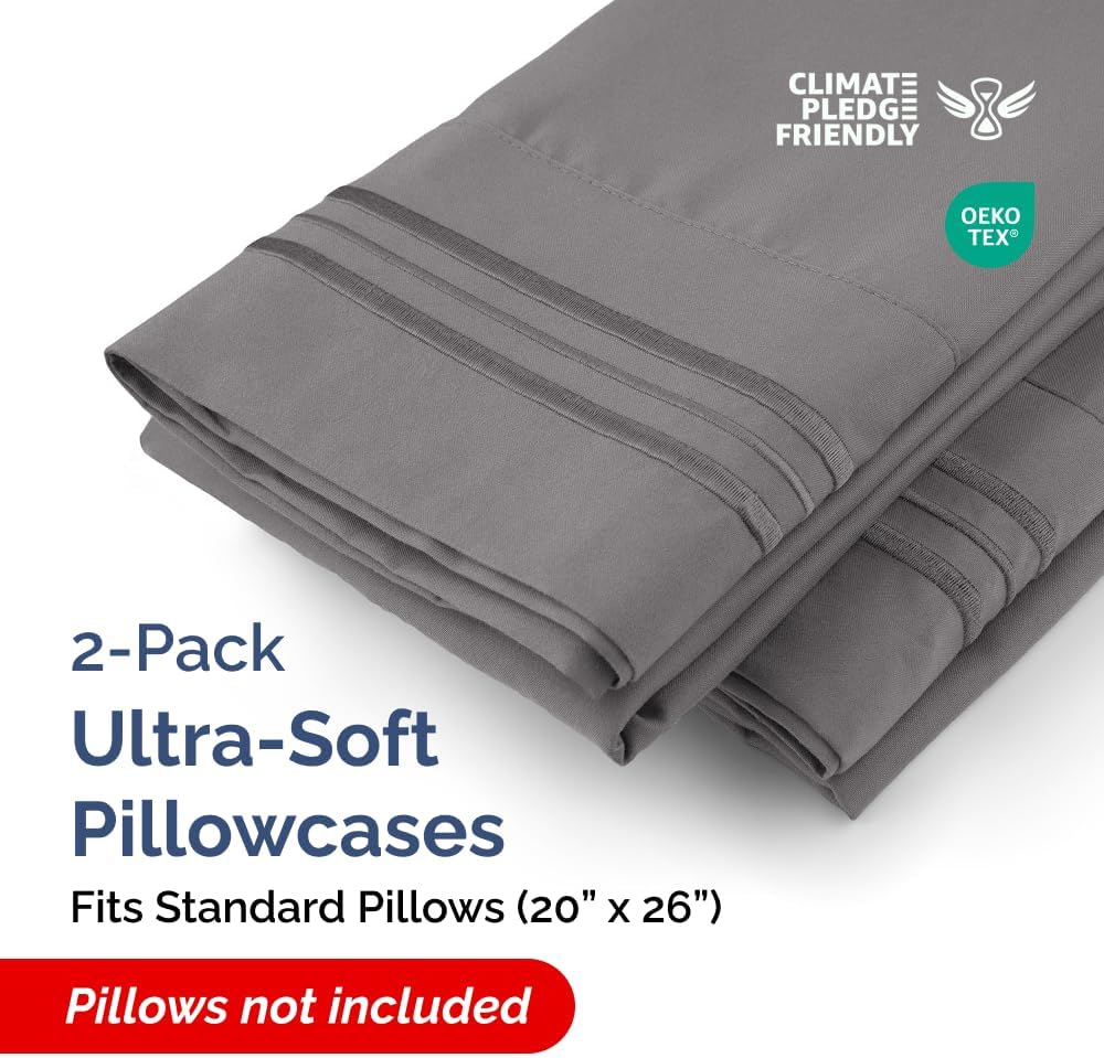Standard Pillow Cases Set of 2 - Ultra-Soft Hotel Quality Pillowcase Covers - Comfy & Wrinkle Free - Stain & Fade Resistant - Machine Washable Pillow Protectors - 2 Piece Set - Standard Size Dark Grey