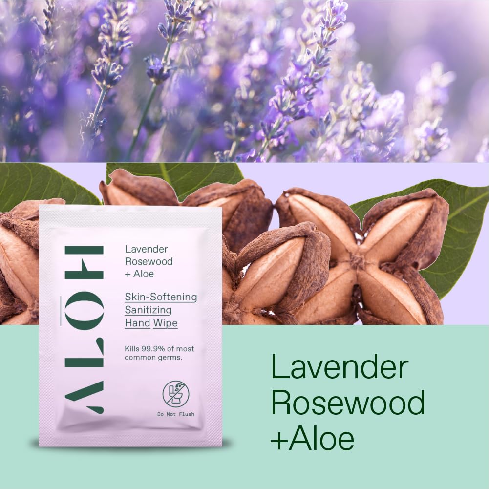 ALŌH Skin- Softening Sanitizing Hand Wipes – Lavender Rosewood + Aloe- 4 boxes of 20ct Individually Wrapped Wipes (80 Wipe)