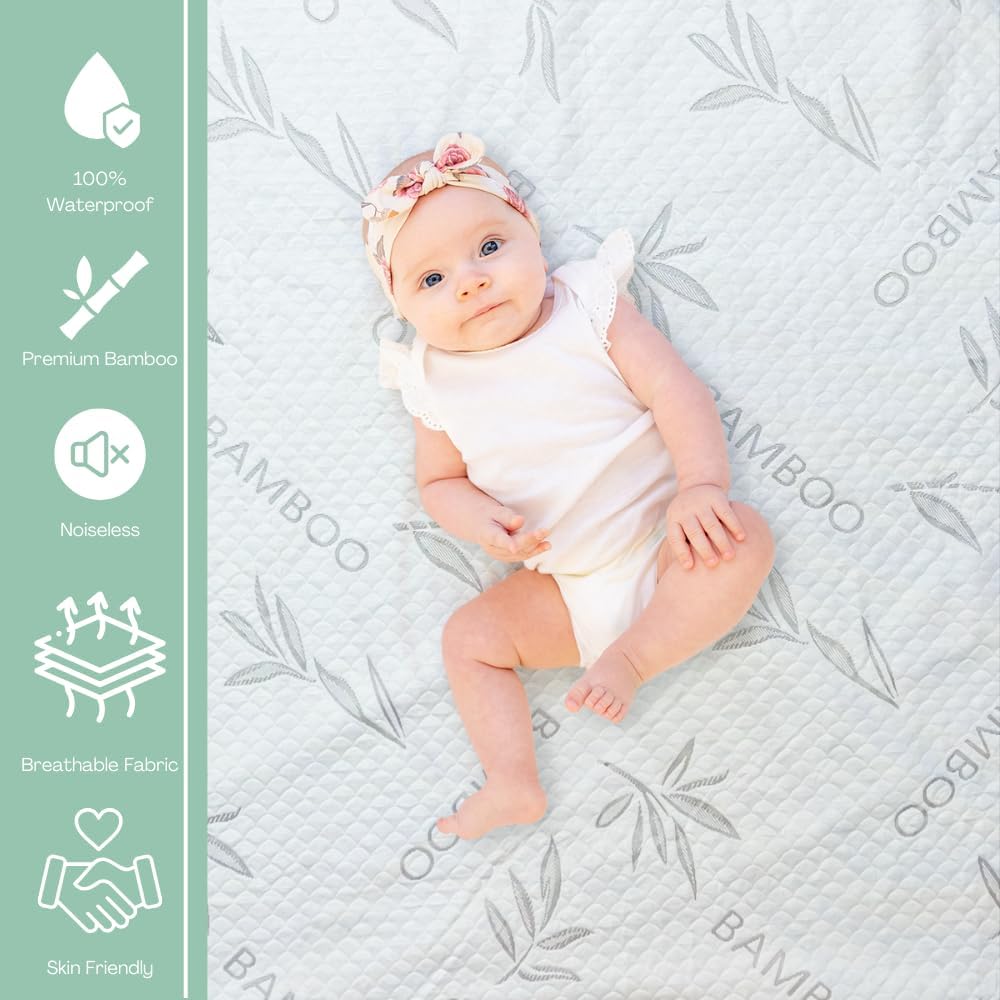 Bamboo Rayon Mattress Protector with Zipper + 2 Pillow Protectors - 100% Waterproof Cooling Queen Size Cover - Ultra Soft Fabric Breathable Noiseless Mattress Pad Covers Zippered Encasement
